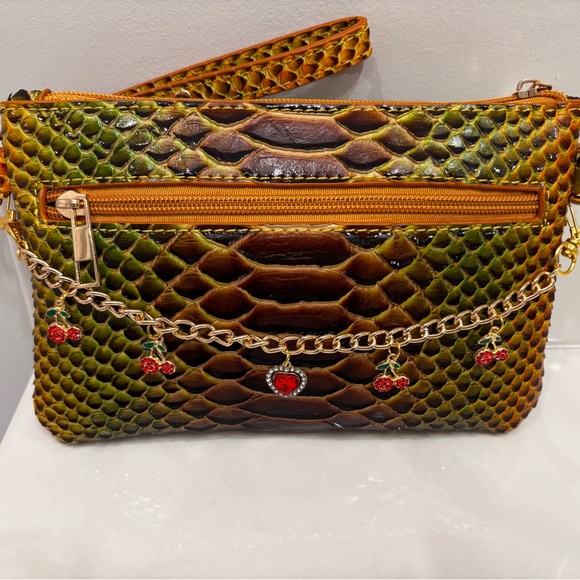 Handbags - Stylish Faux Snake Print Wristlet Crossbody NWOT & Red Cherries Bling Bag Charms